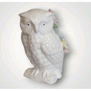 Vtg Owl Pin Cushion 3D Flowers Ceramic White Pastel Trinket Rose Sewing MCM 3"
